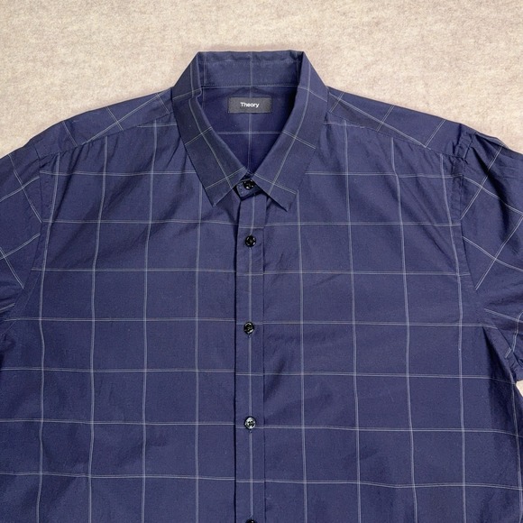 Theory Clean Placket Shirt Mens XL Navy Blue Mouline Grid Cotton Button Up - Picture 3 of 12